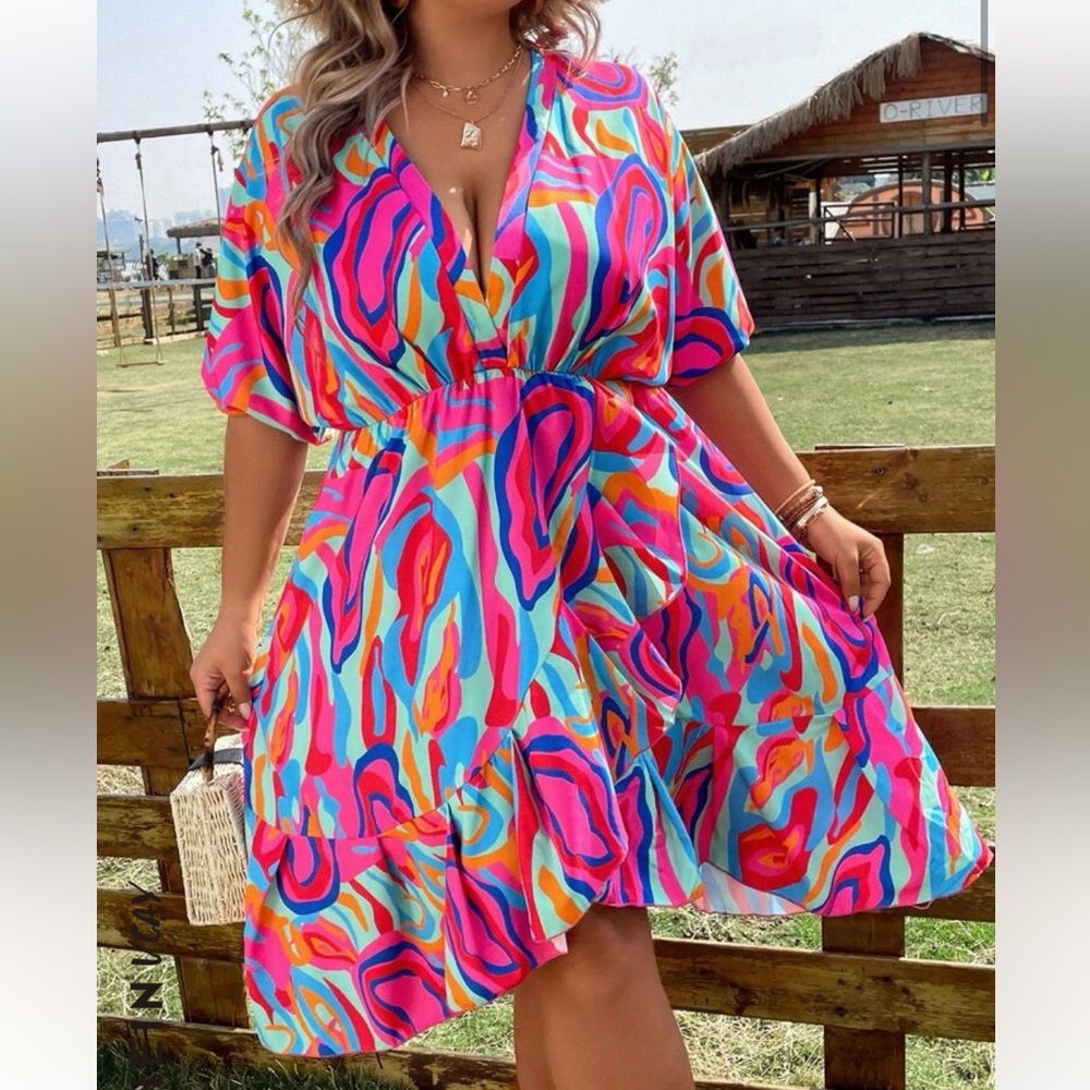 🌿 SHEIN Plus Print Batwing Sleeve Ruffle Hem Dress - 18